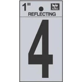 Address Numbers, “4”, Reflective Black/Silver Vinyl, Adhesive, 1-In.