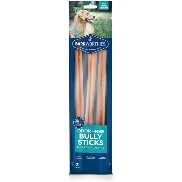 Barkworthies Dog Treat 12″ Odor Free Bully Sticks (3 Pack)