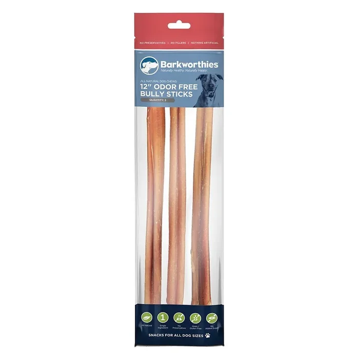 Barkworthies Odor Free Bagged Dog Bully Sticks 12″ – 3 Pack Bag