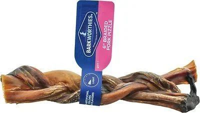 Barkworthies Pork Pizzle 6″ Braided Dog Chew Treat – 30 ct Case