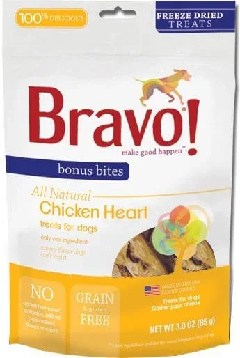 BRAVO! Bonus Bites Freeze-Dried Chicken Hearts Dog Treats – 3 Oz