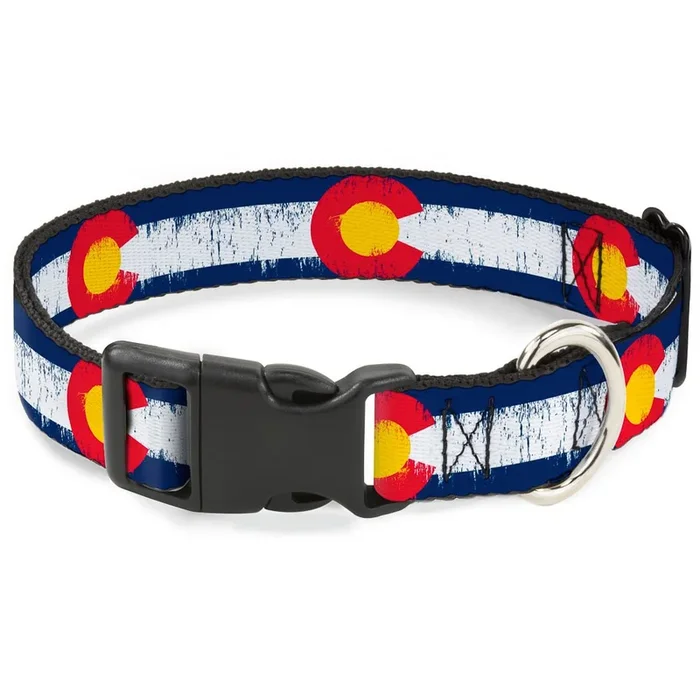 Buckle-Down Plastic Clip Collar – Colorado Flags2 Repeat Weathered – 1′ Wide – Fits 15-26′ Neck – Large