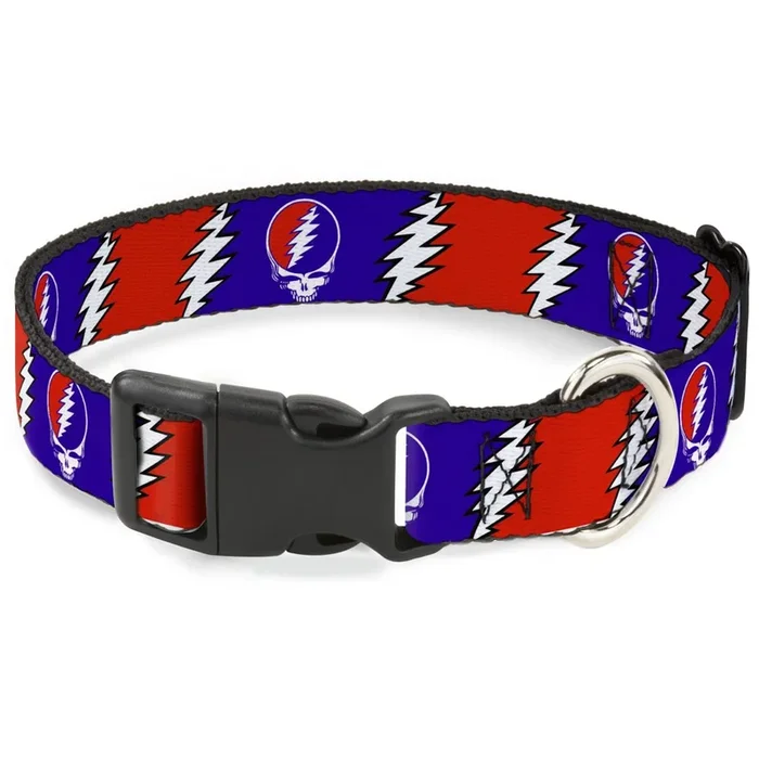 Buckle-Down Plastic Clip Collar – Steal Your Face W/Lightning Bolt Repeat Red/White/Blue – 1/2′ Wide – Fits 9-15′ Neck – Large