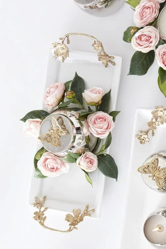 Ceramic Rectangular Tray with Gold Metal Floral Handles 17.25″ White