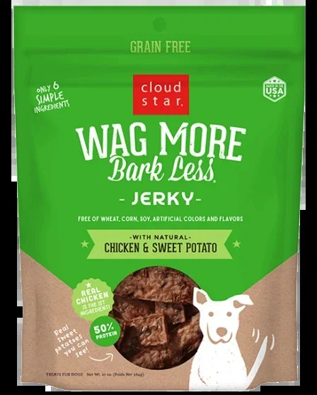 Cloud Star Wag More Bark Less Jerky Grain Free Dog Treats, Chicken & Sweet Potato, 10oz