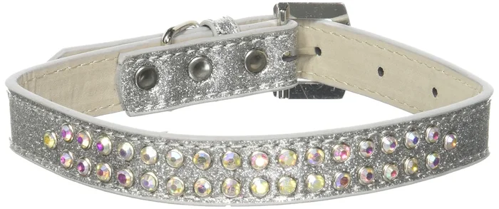 Dog, Puppy & Pet Ice Cream Collar, “Two Row Aurora Borealis Crystal Rimsets” Silver 18