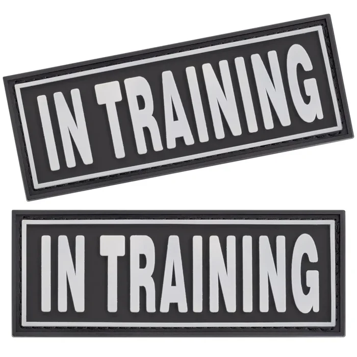 Dogline In Training Patches For Harnesses And Vests Removable 3D Rubber Patches With Hook Backing For Small Medium Or Large Working Dogs 1′ X 2.75′ – Two Patches