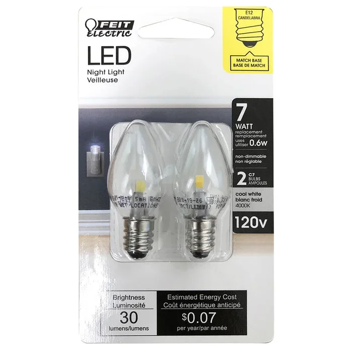 Feit C7 E12 Long Lasting & Energy Efficient White LED Bulb 7W Equivalent, 2 Pack
