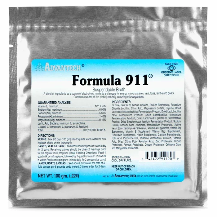Formula 911 Suspendable Broth (100 gram Packet) Oral Rehydration Powder for Livestock