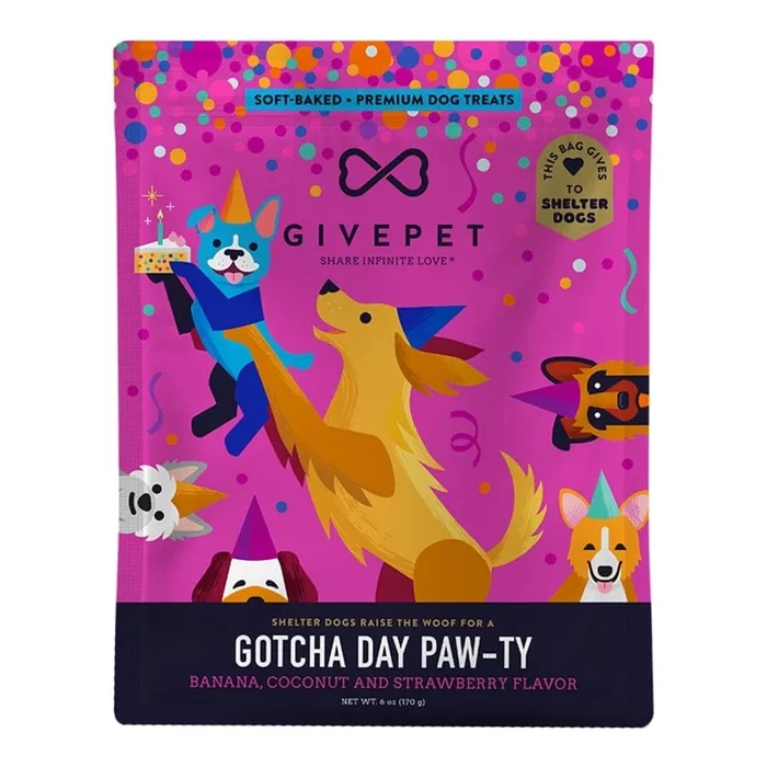 GivePet Grain-Free Gotcha Day Paw-ty Banana Coconut and Strawberry Soft Baked Training Crunchy Dog Treats – 6 Oz