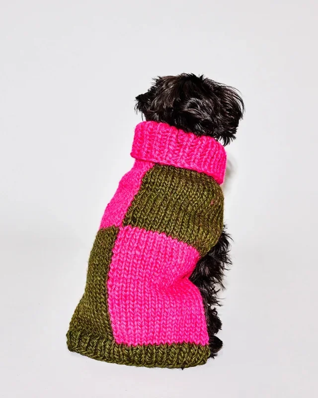 Hand Knit Checkered Wool Dog Sweater (Pink & Green) (FINAL SALE)