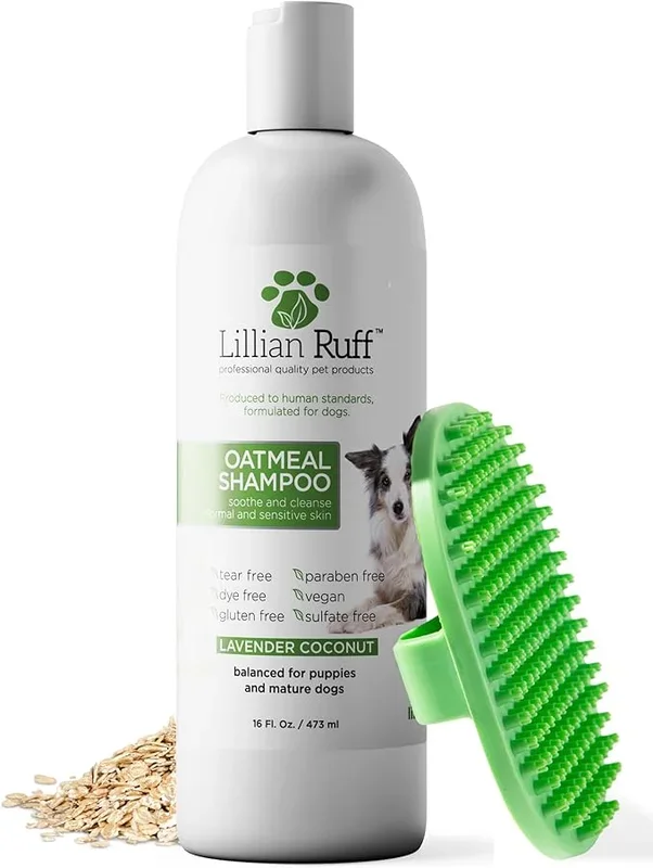 Lillian Ruff PRO Formula Deodorizing Oatmeal Dog Shampoo – Calms Itching & Allergies, Ultra-Nourishing Dry Skin Relief – Oatmeal, Aloe, Coconut Oil, Lavender & Provitamin B5 – Made in USA 16oz+Brush