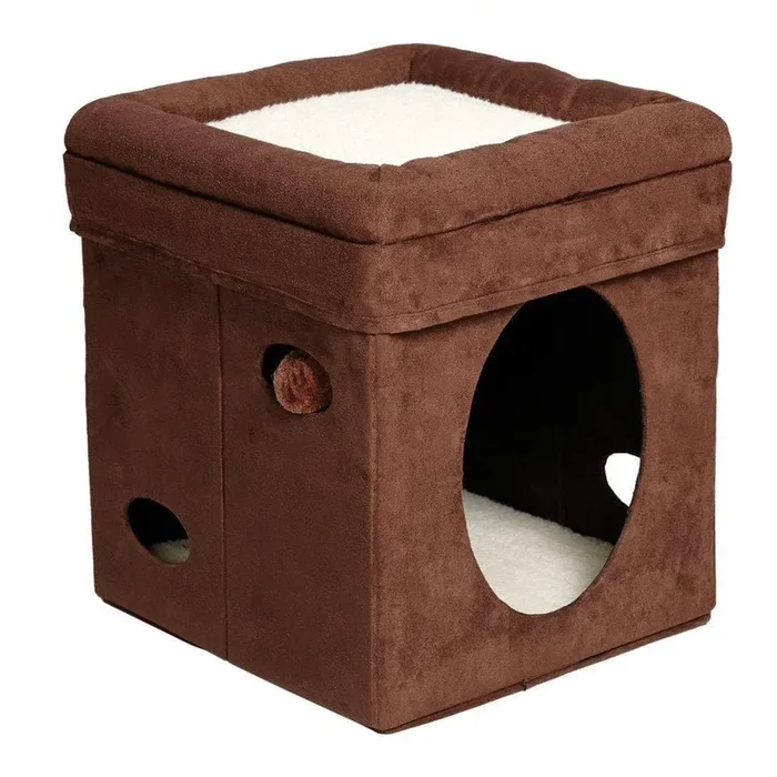 Midwest Nuvo Curious Cat Cube Cat House with Teaser – Brown/Beige