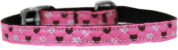 Mirage Pet Products Argyle Hearts Nylon Dog Collar with Classic Buckle 3/8″ Bright Pink, Size 10
