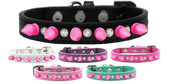 Mirage Pet Products Crystal and Bright Pink Spikes Dog Collar, Size 10, White