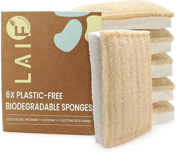 Natural Kitchen Sponges – Eco-Friendly, Compostable Dish Sponges – Loofah & Cellulose Scrubbers – Plastic-Free, Zero-Waste, Biodegradable – Durable, Non-Scratch – Pack of 6