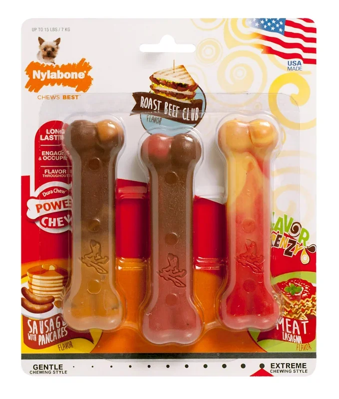 Nylabone Flavor Frenzy Power Chew Triple Pack Pancakes Sausage, Roast Beef Club, Lasagna, 1ea/XS/Petite Up To 15 Lbs. 3 ct