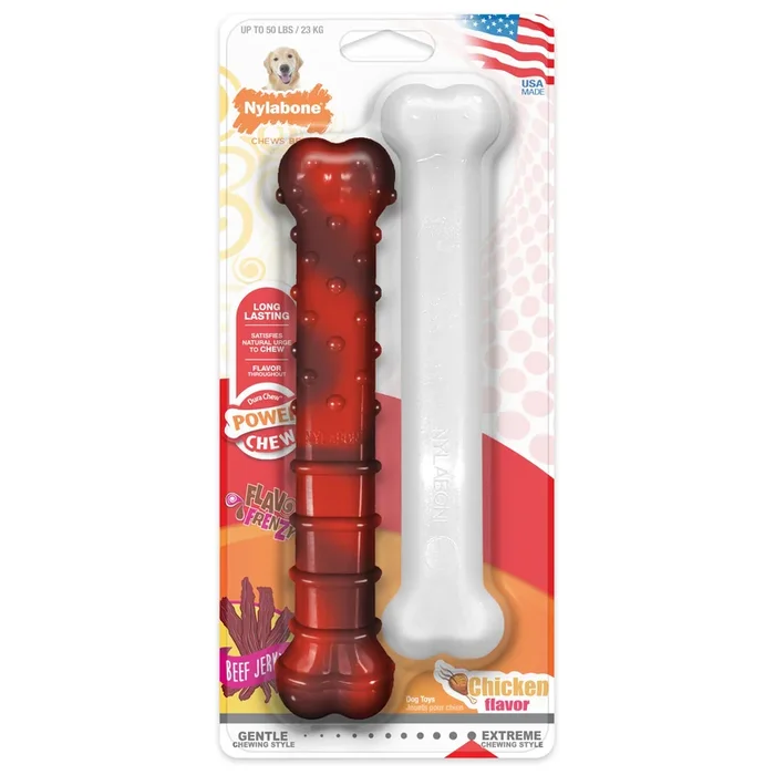 Nylabone Power Chew Durable Dog Chew Toys Twin Pack Beef Jerky & Chicken 1ea/Large/Giant – Up To 50 lb