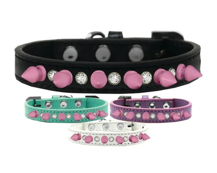 Pet and Dog Spike Collar, Clear Crystals & Light Pink Spikes” Black 16