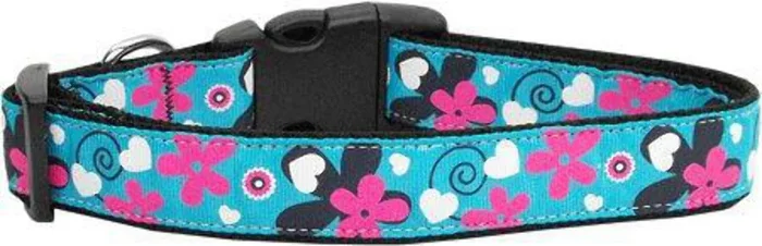 Pet Dog & Cat Nylon Collar or Leash, “Aqua Love” MD Narrow Collar