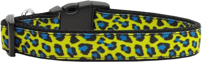 Pet Dog & Cat Nylon Collar or Leash, “Blue and Yellow Leopard Print” SM Collar