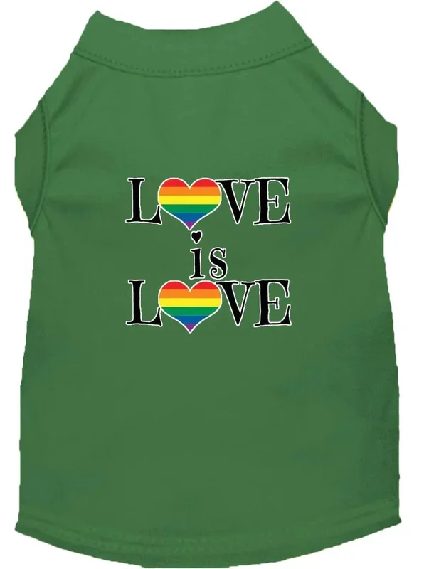 Pet Dog & Cat Shirt Screen Printed, “Love Is Love” Emerald Green XL (14-20 lbs.)