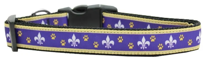 Pet Dog and Cat Nylon Collar or Leash, “Purple & Yellow Fleur De Lis” LG Collar