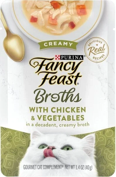 Purina Fancy Feast Broths Creamy Chicken and Veggie Wet Cat Food or Topper Pouch – 1.4 Oz – Case of 16
