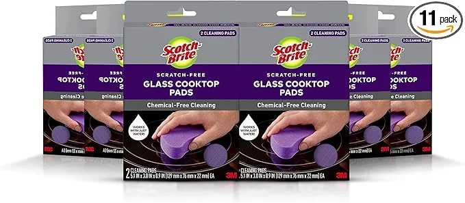 Scotch-Brite Glass Cooktop Pads, Scratch-Free & Non-Abrasive Scrubbers for Glass or Ceramic Stovetops, Cleans Burnt-On Messes with Just Water, Reusable Dishwasher-Safe Design (12 Pads)