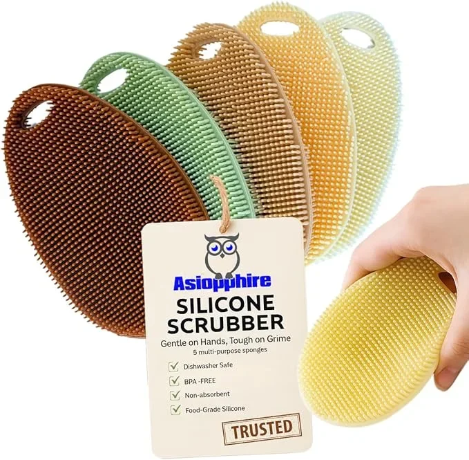 Silicone Sponge Dish Scrubber – Food Grade and Housecleaning – BPA Free Silicone Kitchen Scrubber [5 Pack Ovals Fall]