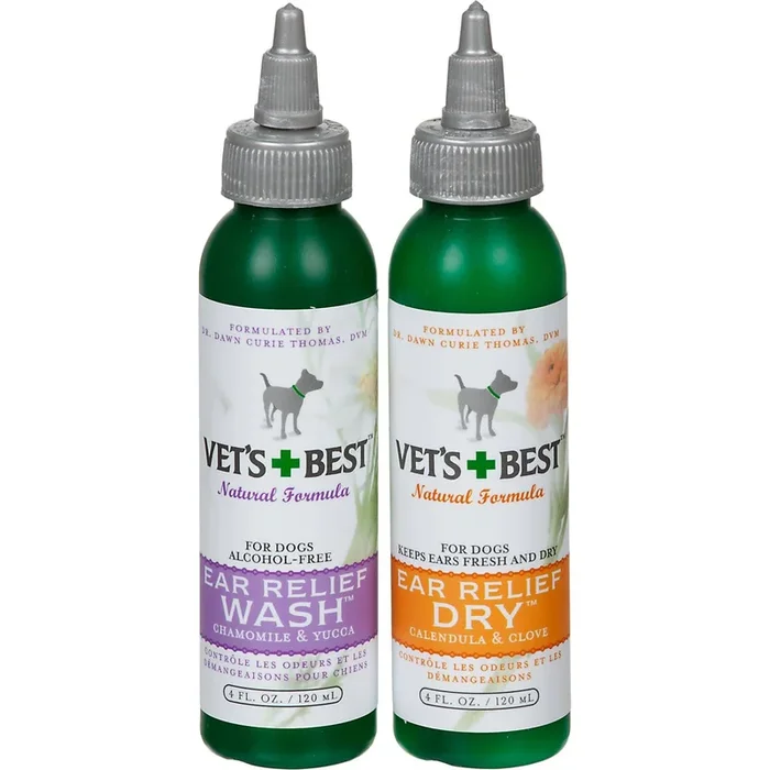 Vet’s Best Ear Relief Natural Ingredient Wash and Dry Kit for Dogs and Cats – 2 Pack