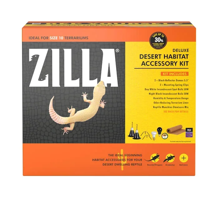 Zilla Deluxe Desert Habitat Reptile Terrarium Accessory Starter Kit with Liner Lights and Food – Ideal for 10 Gallon Terrariums